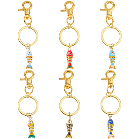 6 шт. латунные подвесные украшения с кубическим цирконием и эмалью, рыба, с карабинами из сплава и железной фурнитурой