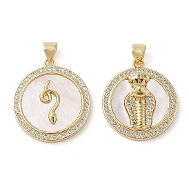 Brass Micro Pave Clear Cubic Zirconia Pendants, with Shell,Flat & Snake