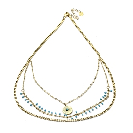 Ion Plating(IP) 304 Stainless Steel Curb & Dapped Chains Layered Necklaces, Synthetic Turquoise Flat Round & Enamel Charms Necklace