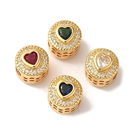 Flat Round with Heart Pattern Rack Plating Brass Micro Pave Cubic Zirconia European Beads, Large Hole Beads, Cadmium Free & Lead Free, Long-Lasting Plated, Real 18K Gold Plated