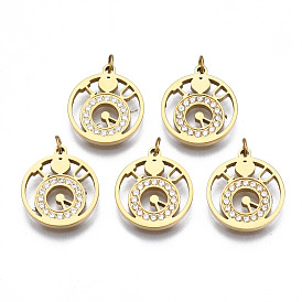316 Surgical Stainless Steel Charms, with Micro Pave Clear Cubic Zirconia and Jump Rings, Clock