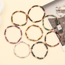 Natural Gemstone & Brass Bead Stretch Bracelets for Women, Rose Gold