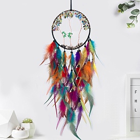 Iron & Woven Web/Net with Feather Pendant Decorations, with Glass & Wood Beads, for Home Hanging Decorations