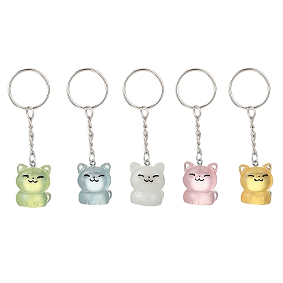 5 шт. светящиеся прозрачные брелки-подвески в форме кошки из смолы, с железными разрезными брелоками, платина