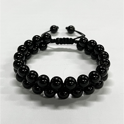 Round Natural Obsidian Braided Bead Bracelet, Double Layer Gemstone Bracelet for Women