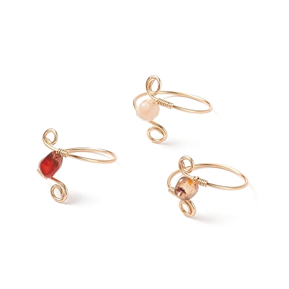 Natural Red Agate Braided Finger Ring, Light Gold Plated Copper Wire Wrap Jewelry for Women