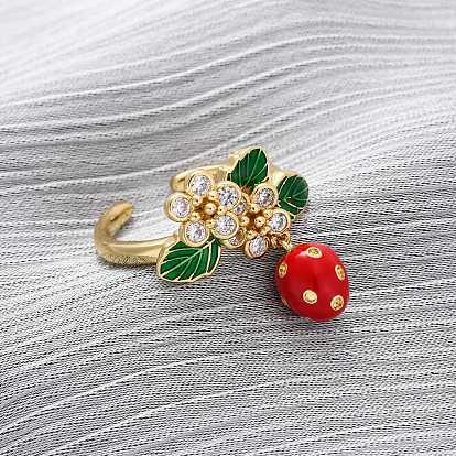 Открытые манжеты из латуни с микропаве и цирконием для женщин, клубника, с эмалью, стойки покрытие, прочное покрытие, без кадмия и без свинца