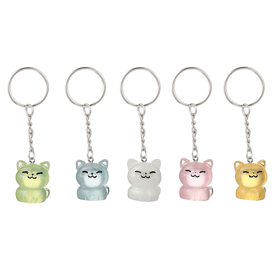 5 шт. светящиеся прозрачные брелки-подвески в форме кошки из смолы, с железными разрезными брелоками, платина