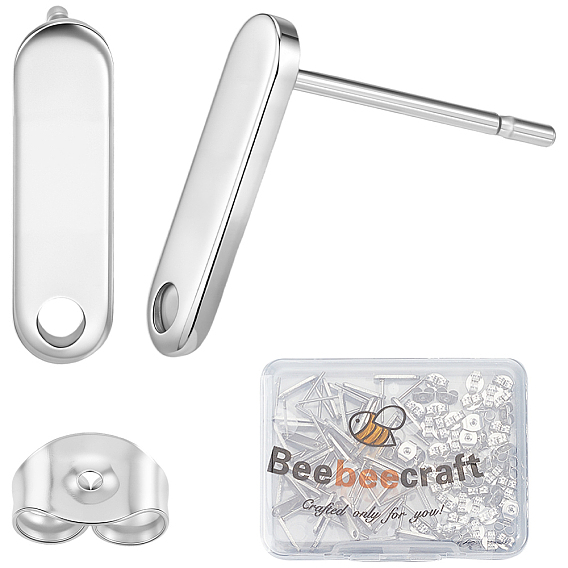 60 шт 201 детали серьги-гвоздики из нержавеющей стали, с отверстием, 304 штифты и ушные гайки из нержавеющей стали, прямоугольные