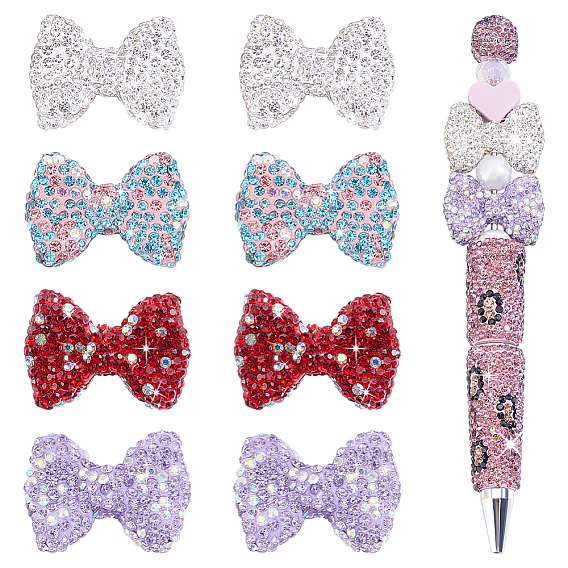 8Pcs 4 Colors Handmade Polymer Clay Rhinestone Beads, Bowknot