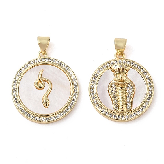 Brass Micro Pave Clear Cubic Zirconia Pendants, Cadmium Free & Lead Free, with Shell,Flat & Snake