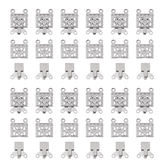 100 ensembles 2 brins 4 trous 304 fermoirs à boîte en acier inoxydable, fermoirs multibrins, rectangle avec fleur