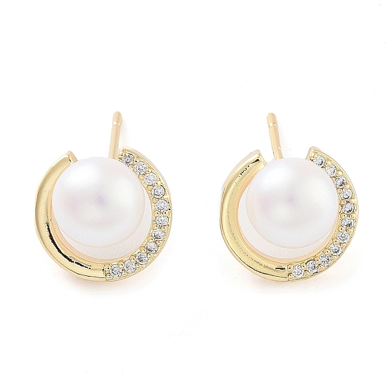 Flat Round Brass with Glass with Stud Earrings, with Plastic Pearl
