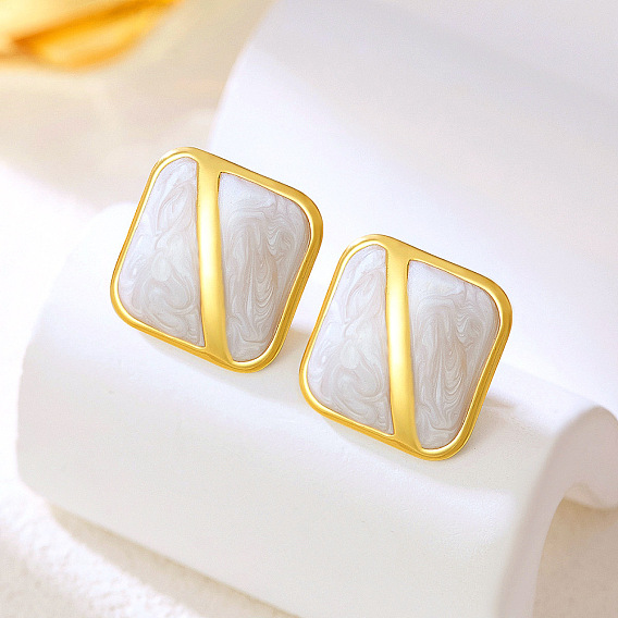Brass Enamel Stud Earrings, Square, Golden