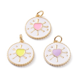 Real 18K Gold Plated Brass Enamel Pendants, Long-Lasting Plated, With Jump Rings, Flat Round with Heart