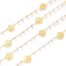 Brass Handmade Beaded Chains, with CCB Plastic Beads, Soldered, Long-Lasting Plated, with Spool, Rose