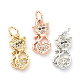 Brass Clear Cubic Zirconia Charms, Long-Lasting Plated, with Jump Ring, Cat