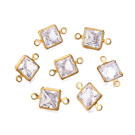 Brass Clear Cubic Zirconia Connector Charms, Square Links