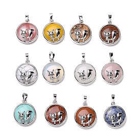 Natural & Synthetic Gemstone Pendants, with Platinum Tone Brass Findings, Lead Free & Cadmium Free, Mixed Dyed and Undyed, Flat Round with Fox