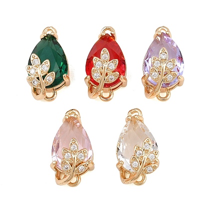 Brass Micro Pave Clear Cubic Zirconia Connector Charms, Teardrop with Flower Links, with Glass, Faceted