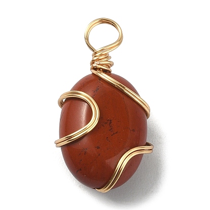 Natural Mixed Gemstone Copper Wire Wrapped Pendants, Oval Charms, Golden