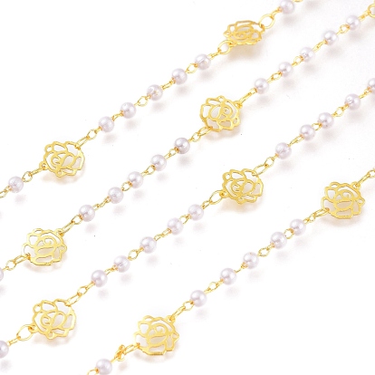 Brass Handmade Beaded Chains, with CCB Plastic Beads, Soldered, Long-Lasting Plated, with Spool, Rose