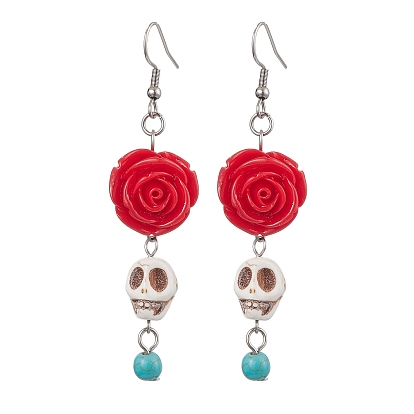 304 из нержавеющей стали болтаться серьги, череп из смолы и синтетической бирюзы с цветком, для Хэллоуина