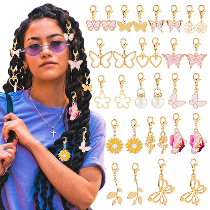 30шт 15 стили подвеска из сплава эмали украшения, с пластиковыми жемчужинами и карабинами, золотые, цветок и бабочка и лист
