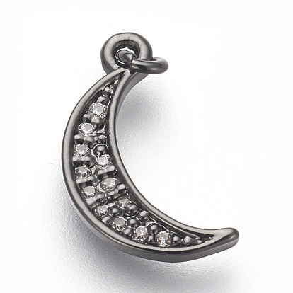 Brass Micro Pave Cubic Zirconia Charms, Lead Free & Cadmium Free, Moon