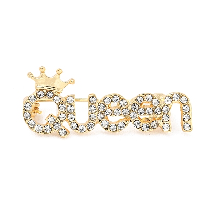 Alloy Rhinestone Brooches, Word Queen with Crown Pins for Women