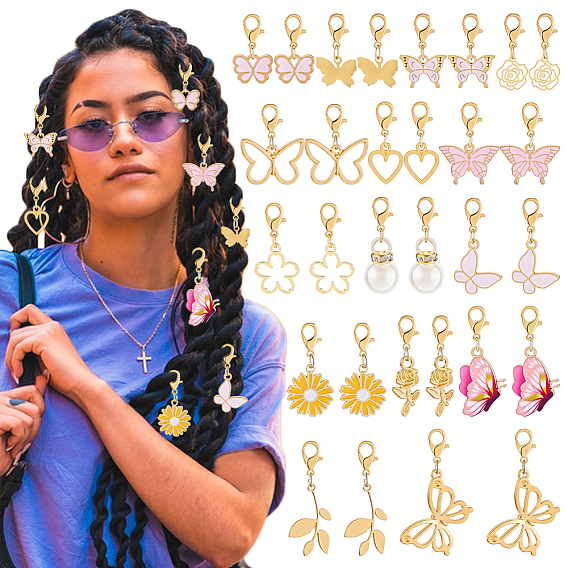 30шт 15 стили подвеска из сплава эмали украшения, с пластиковыми жемчужинами и карабинами, золотые, цветок и бабочка и лист