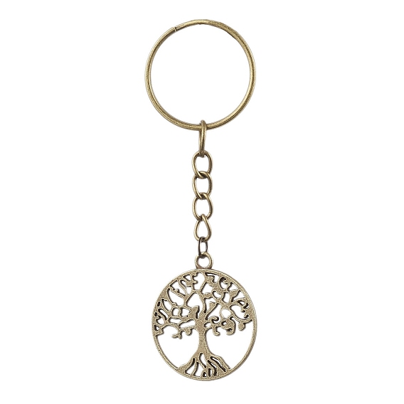 Tibetan Style Alloy Tree of Life Keychains, with Iron Split Key Rings