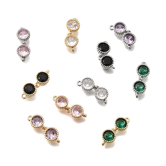 Шармы-соединители из латуни с паве из кубического циркония, двойные плоские круглые звенья