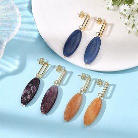 Овальные серьги с подвесками из натуральных смешанных драгоценных камней, прямоугольные латунные серьги-гвоздики, реальный 18 k позолоченный