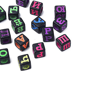 Opaque Black Acrylic Beads, Cube with Random Letter