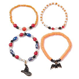 4pcs 4 style disque d'argile polymère et ensemble de bracelets extensibles en perles de verre, Breloques en alliage d'émail, chapeau de chauve-souris et de sorcière, bracelets empilables pour Halloween