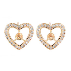 Brass Micro Pave Clear Cubic Zirconia Stud Earring Findings, for Half Drilled Beads, Nickel Free, Heart
