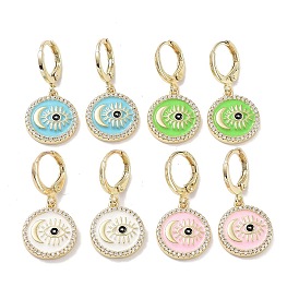 Real 18K Gold Plated Brass Dangle Leverback Earrings, with Enamel and Cubic Zirconia, Evil Eye & Moon