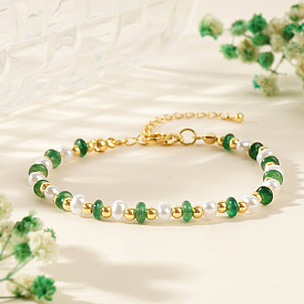 Glass and Plastic Imitation Pearl Beaded Bracelets for Women, with Brass Beads