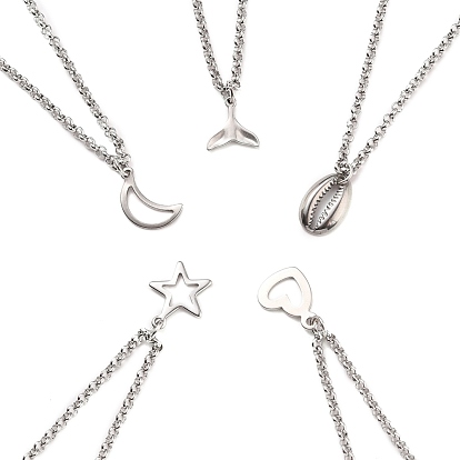 304 Stainless Steel Pendant Anklets, with Rolo Chains, Mixed Shapes