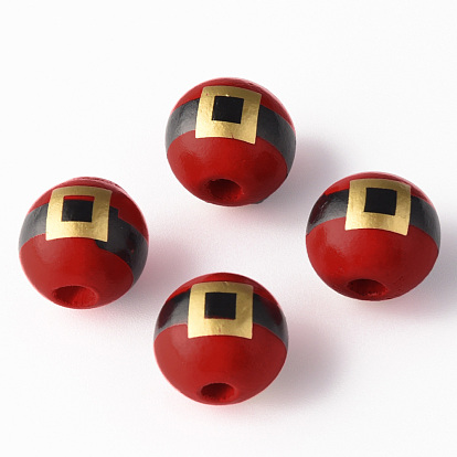 Painted Natural Wood Beads, Round with Belt, Christmas Style