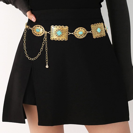 Овальный прямоугольник из сплава с синтетической бирюзой, цепочки на талию и живот для платья