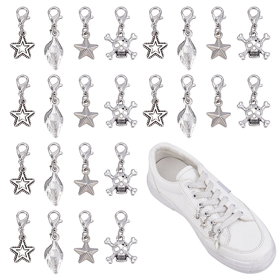 40шт 4 стили сплав подвески для обуви, Сплав с застежками когтя омара, череп из звездного листа