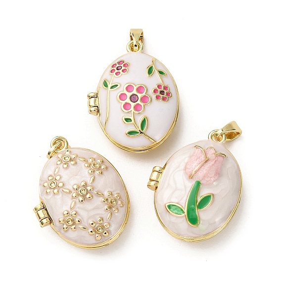 Латунь эмаль Locket подвески, овал с цветочной подвеской, золотые