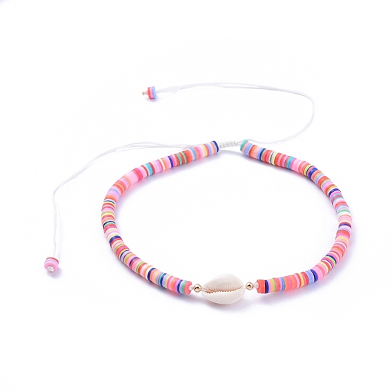 Handmade Polymer Clay Heishi Beads Braided Necklaces, with Natural Cowrie Shell Beads, Brass Beads and Nylon Thread