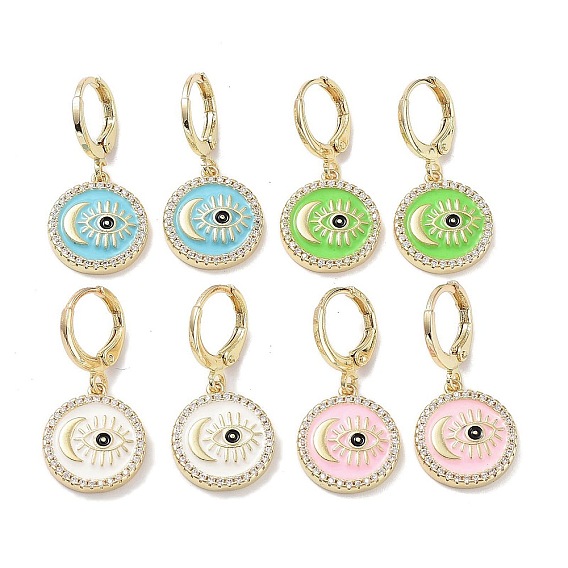 Golden Brass Dangle Leverback Earrings, with Enamel and Cubic Zirconia, Evil Eye & Moon