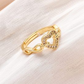 Регулируемые латунные кольца с микропаве из прозрачного кубического циркония для женщин, сердце, стойки покрытие, без кадмия и без свинца, прочное покрытие