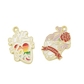 Alloy Enamel Pendants, Golden, Heart with Rose Charm