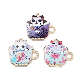 Printed Alloy Pendants, Teacup with Cat, Light Gold