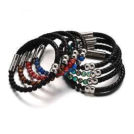  Bracelets de cordon en cuir, avec des perles de pierres précieuses et 304 fermoirs magnétiques en acier inoxydable, 51x63mm